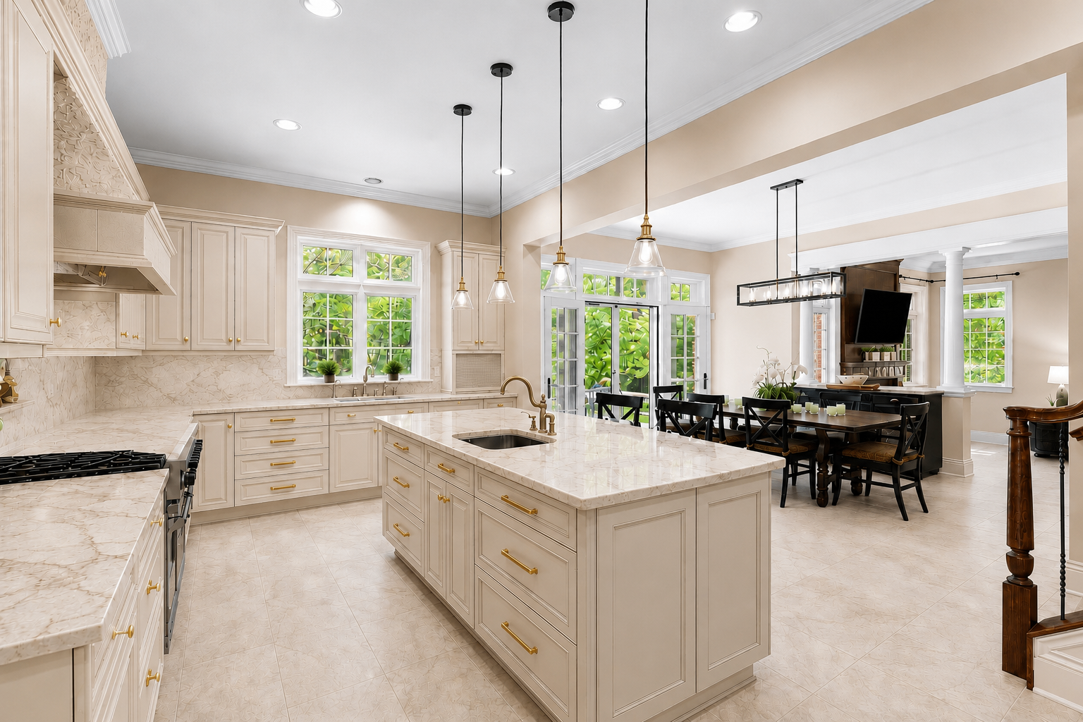 AI-restyled kitchen in bright modern minimalist white with marble island