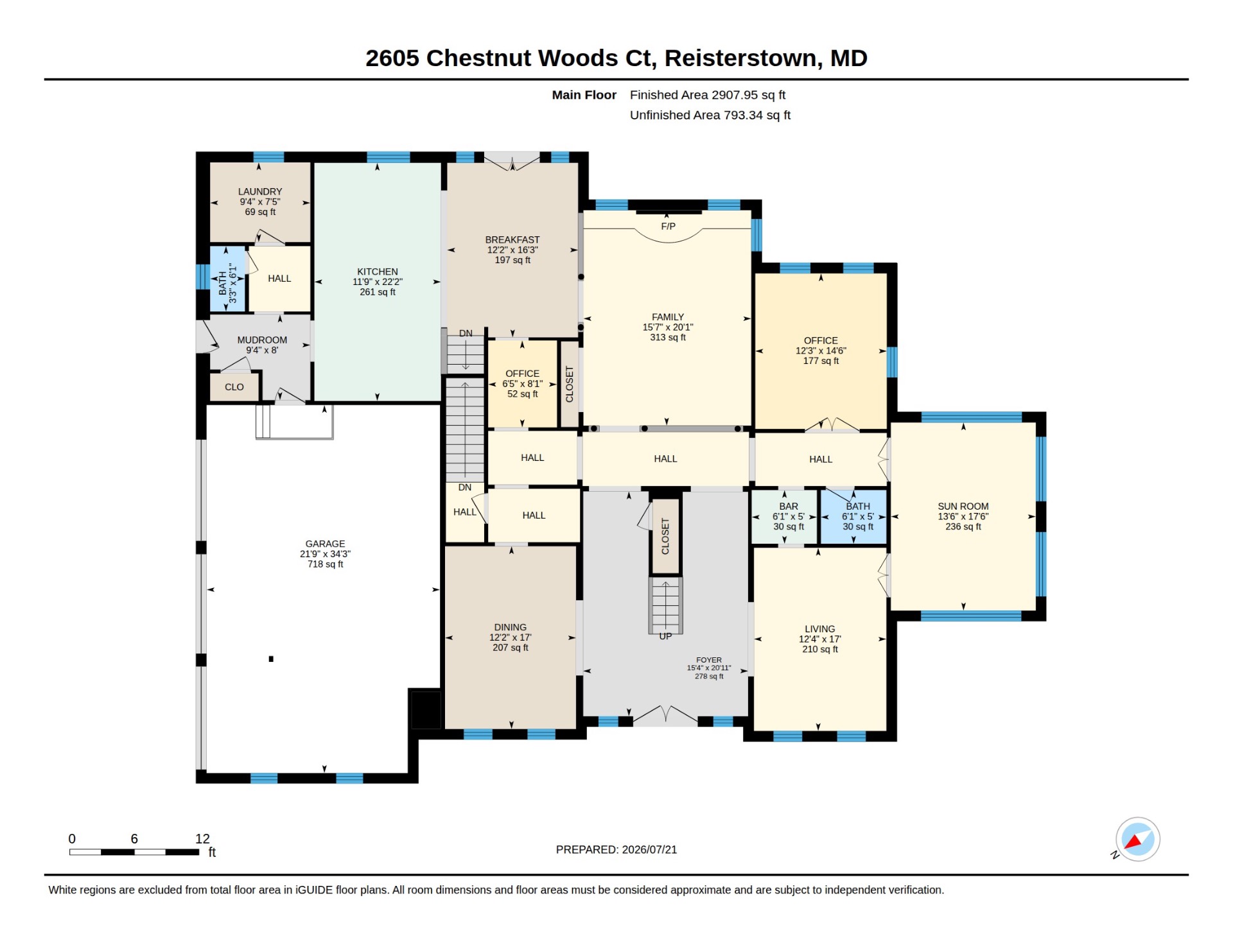 Main floor plan showing foyer, living, dining, kitchen, breakfast, family room, office, sunroom, mudroom, laundry, bar, and three-car garage
