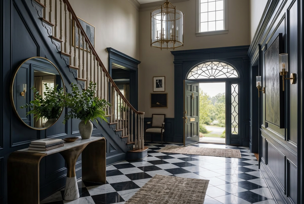 AI-restyled foyer with navy wainscoting, brass sconces, and marble checkered floor