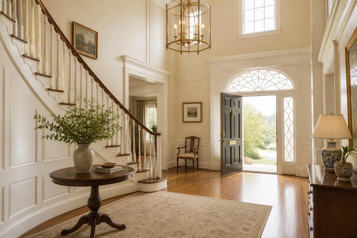Current foyer with staircase and traditional details