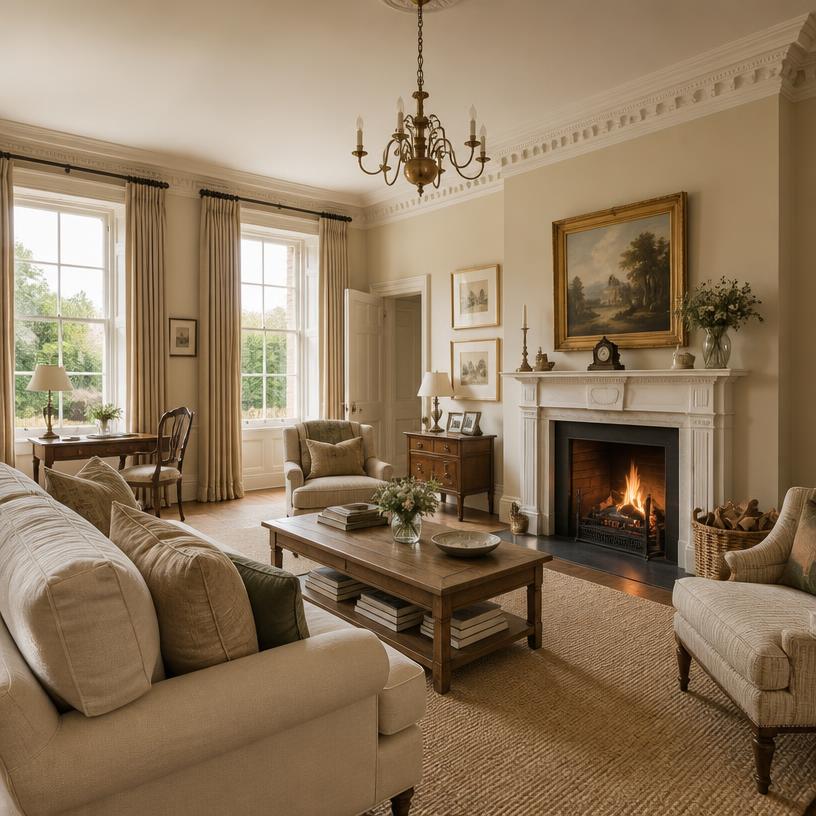 Current family room with traditional furnishings and fireplace