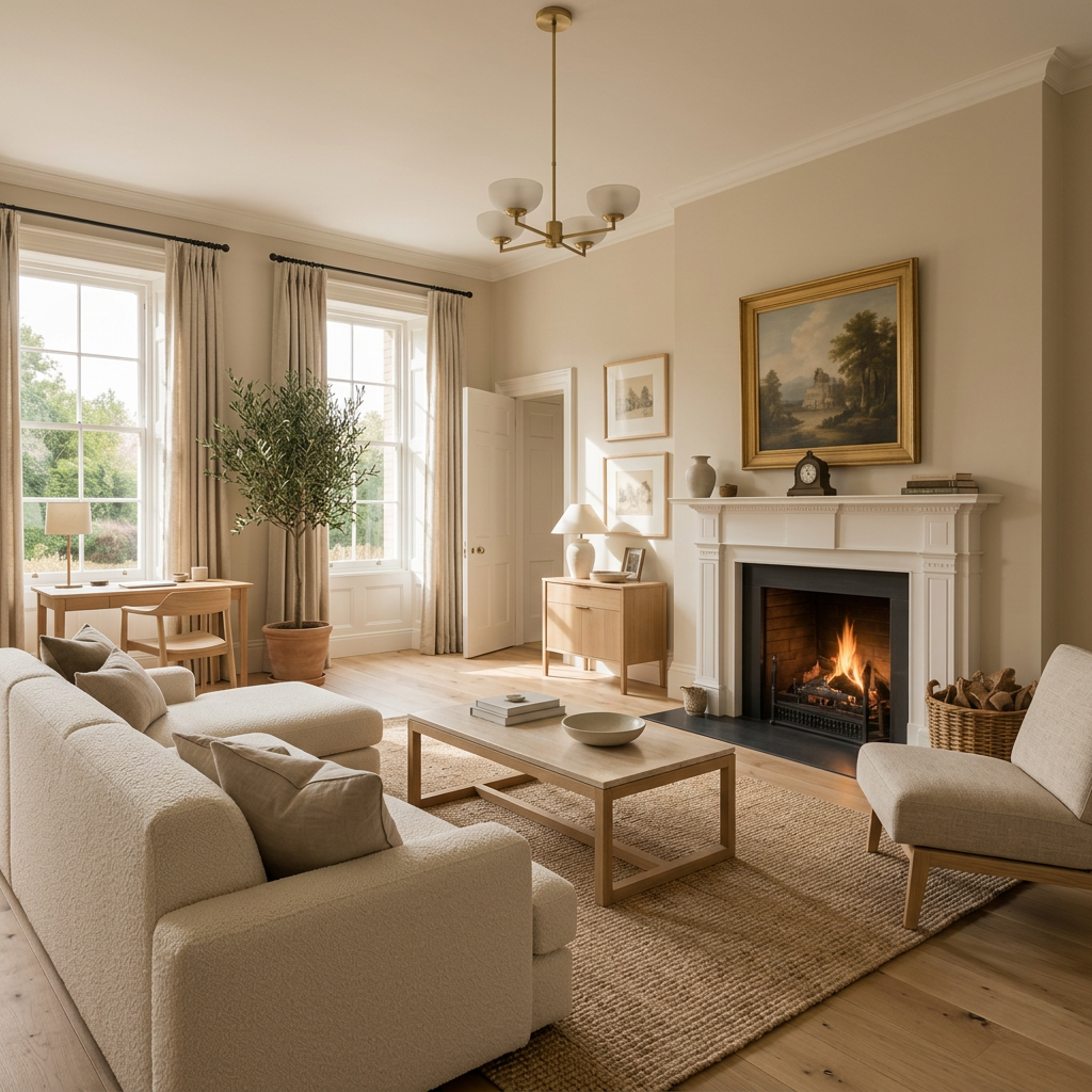 AI-restyled family room in warm Scandinavian style with boucle sofa and olive tree